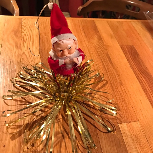 Vintage Distressed Mischievous Santa Claus Ornament Cascading Gold Tinsel** - Picture 10 of 15